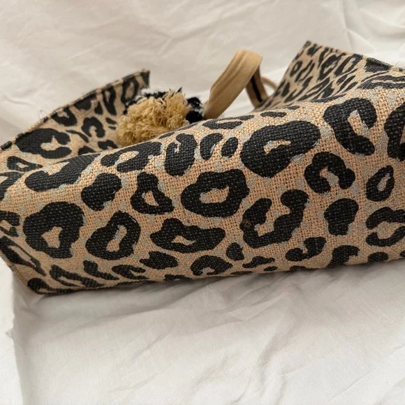 America & Beyond Leopard Print Tote Bag with Tassel — Boho Jute Shoulder Bag - Picture 6 of 6